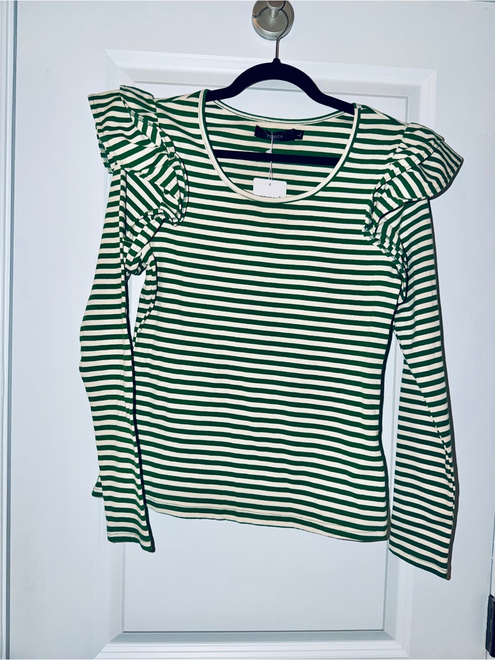 Green & White Striped Ruffle-Shoulder Long Sleeve Top